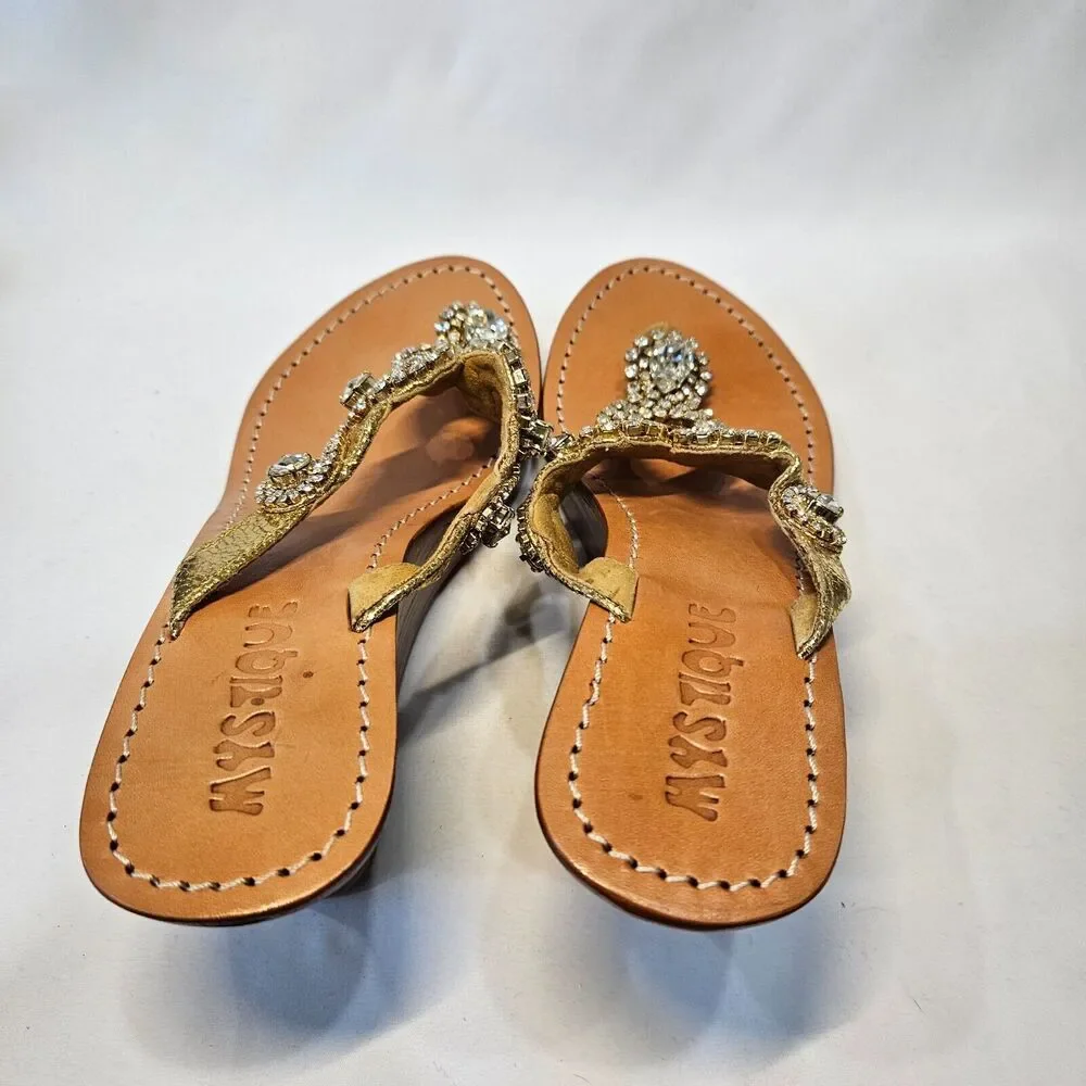 Mystique Womens Leather Crystal Sequin Jewel Wedge Thong Sandals 7 Embellished
